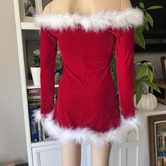 Vintage Fredericks of Hollywood Red Velvet Santa Feather Dress Plus Babydoll Sm - Picture 5 of 8